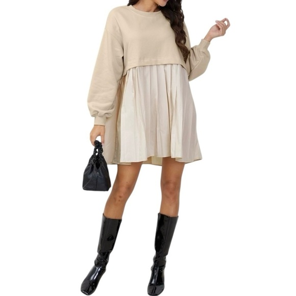 NWOT Cream Pleated Satin Skirt with Long Sleeve Sweatshirt Top, Size Small - Picture 2 of 9